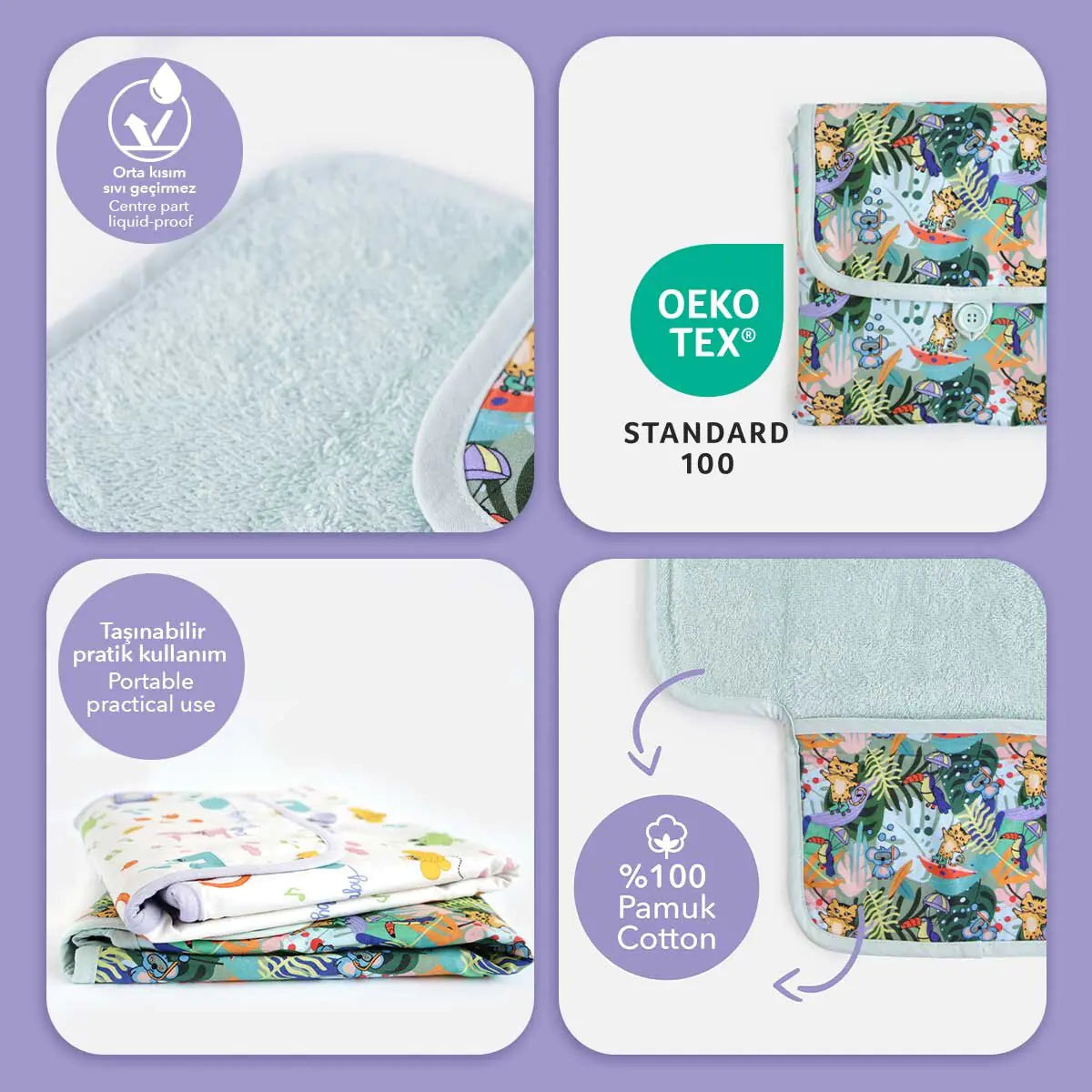 Milk&Moo Jungle Friends Portable Diaper Changing Pad – Waterproof, Foldable, 100% Turkish Cotton | Baby Travel Mat with Storage Pocket