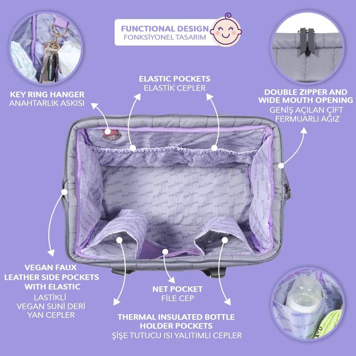 Milk&Moo Quilted Diaper Bag – Dark Gray Baby Tote with Vegan Leather, Multiple Carry Options, Stroller Straps – Stylish & Spacious for Moms