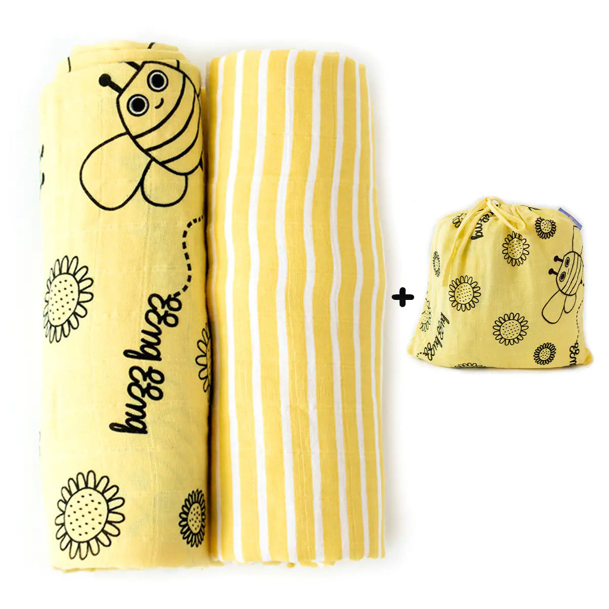 Milk&Moo 2-Pack Muslin Swaddle Blankets – Buzzy Bee Design, 100% Turkish Cotton, 43"x43" | Ultra Soft, OEKO-TEX Certified