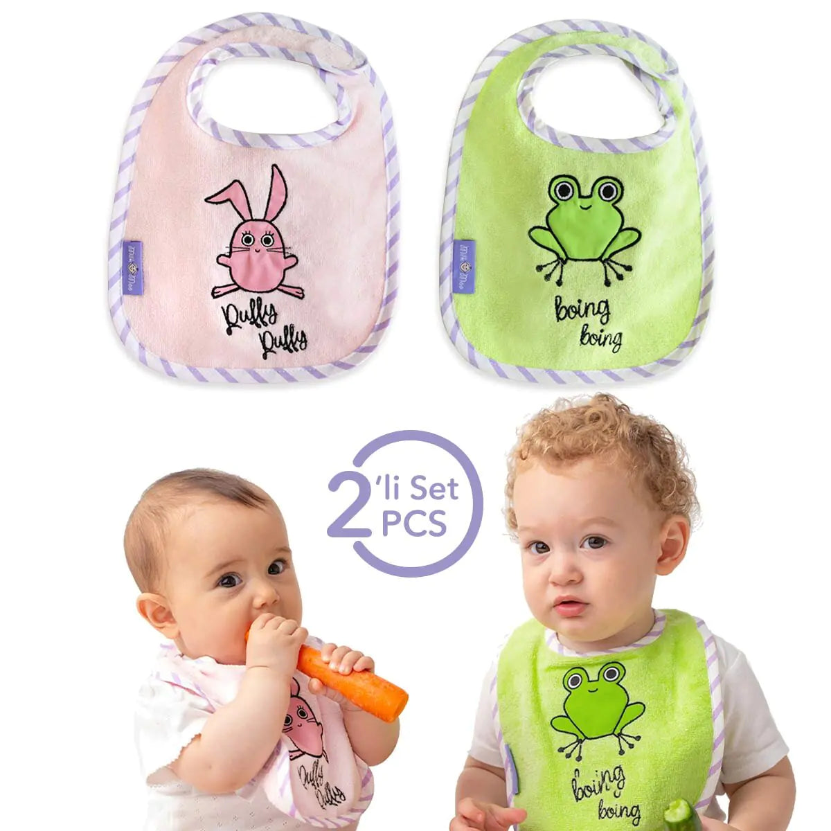 Milk&Moo Towel Bib Set – 2-Pack Baby Bibs with Embroidered Sprat Frog & Pink Chanchin – Waterproof Backing, 100% Cotton, 30x22cm