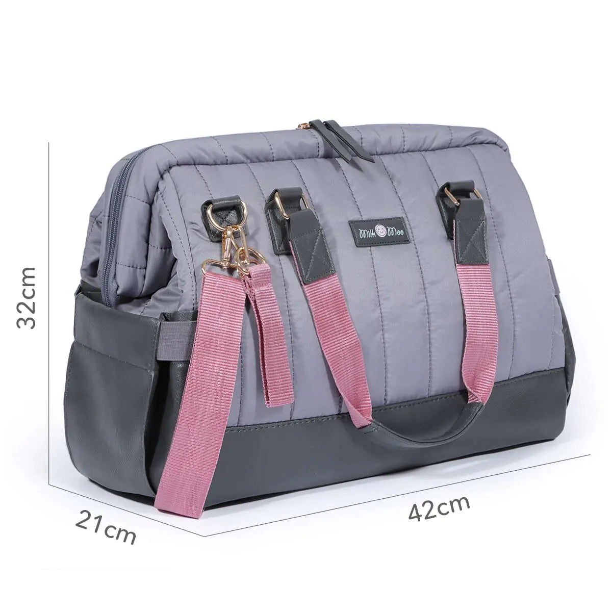 Milk&Moo Quilted Diaper Bag – Dark Gray Baby Tote with Vegan Leather, Multiple Carry Options, Stroller Straps – Stylish & Spacious for Moms