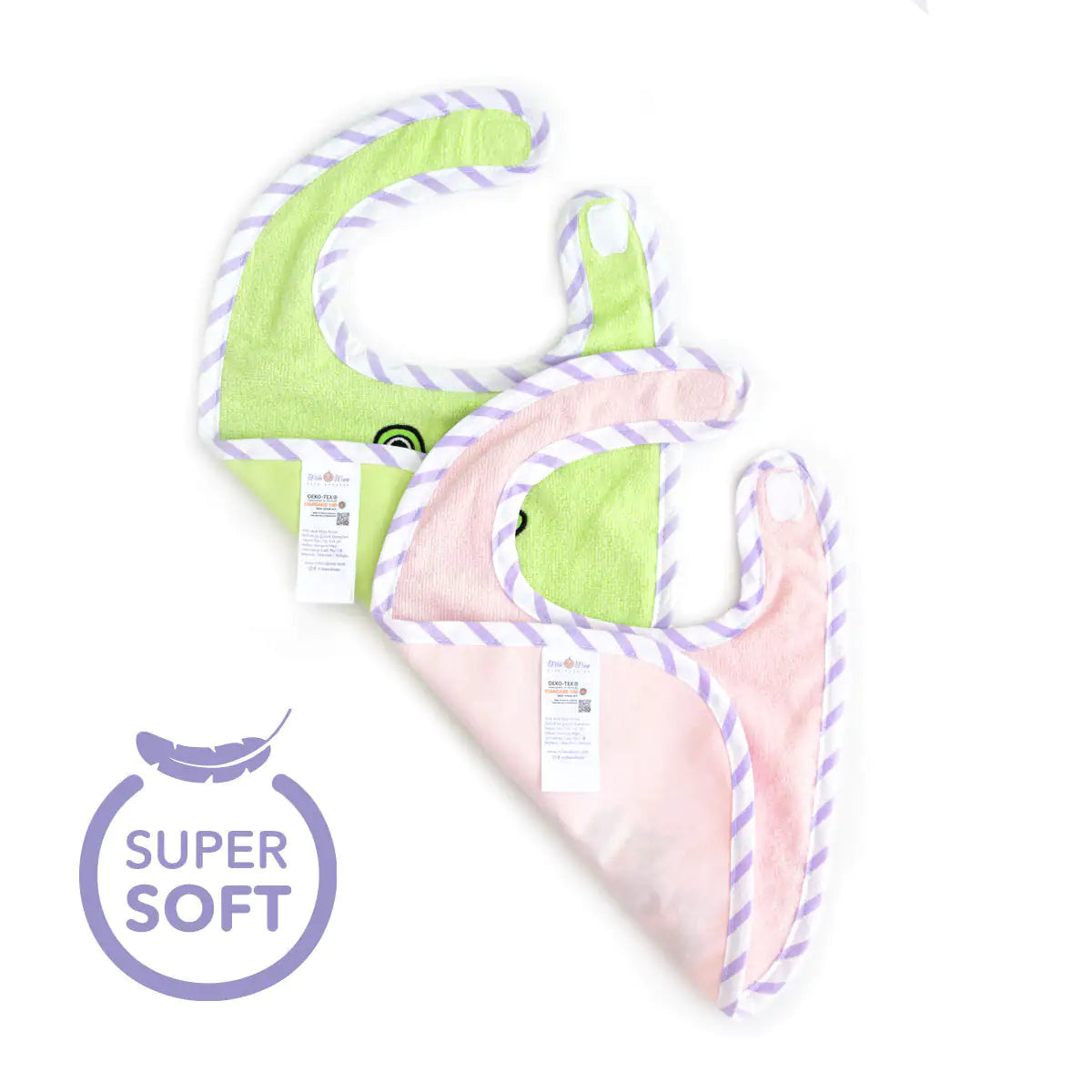 Milk&Moo Towel Bib Set – 2-Pack Baby Bibs with Embroidered Sprat Frog & Pink Chanchin – Waterproof Backing, 100% Cotton, 30x22cm