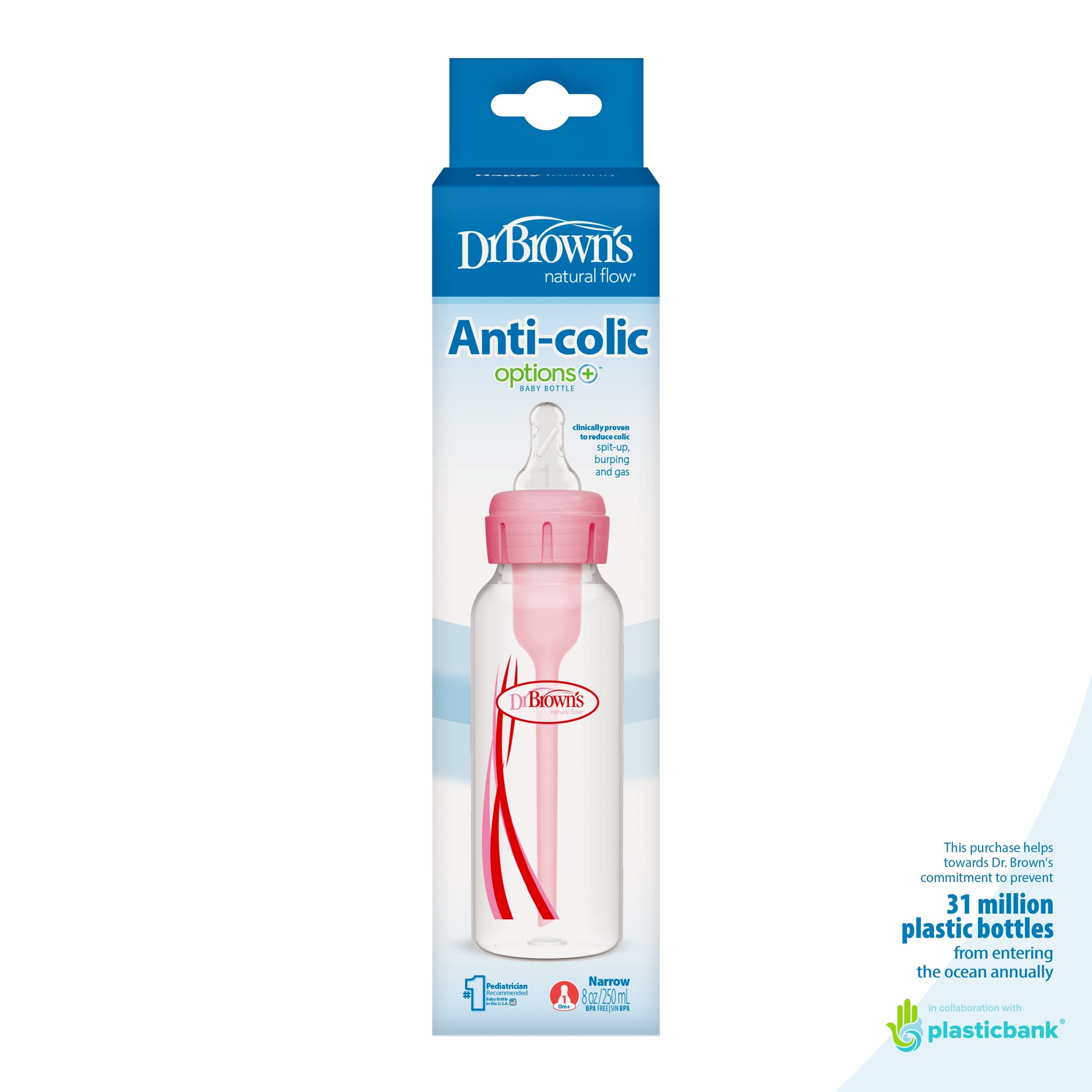 (2 Pack) Dr. Brown’S Natural Flow Anti-Colic Options+ Narrow Baby Bottle, Pink, 8Oz, Slow Flow, 0M+, 1 Pack