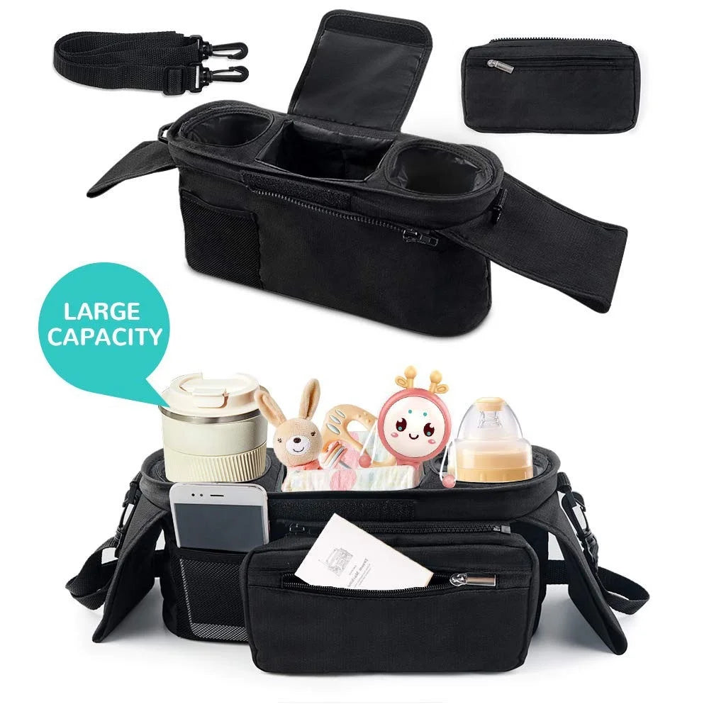 Stroller Organizer with 2 Cup Holder, Detachable Zippered Pocket & Adjustable Shoulder Strap, Universal Stroller Accessories Fits for All Baby Strollers