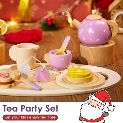 Wooden Tea Party Set for Toddler Little Girls 3-5 with Teapot Tea Cup Set Woo...