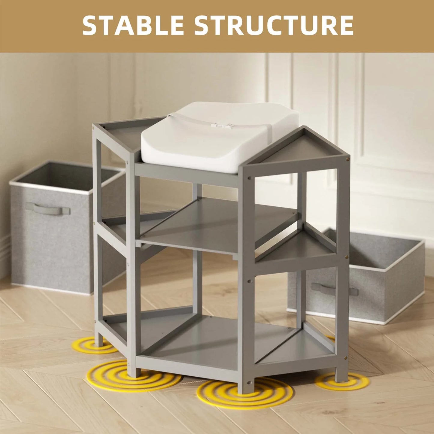 Children Changing Table with Pad, Corner Diaper Changing Table with Laundry Hamper, Storage Bin, Contoured Pad for Baby - Gray