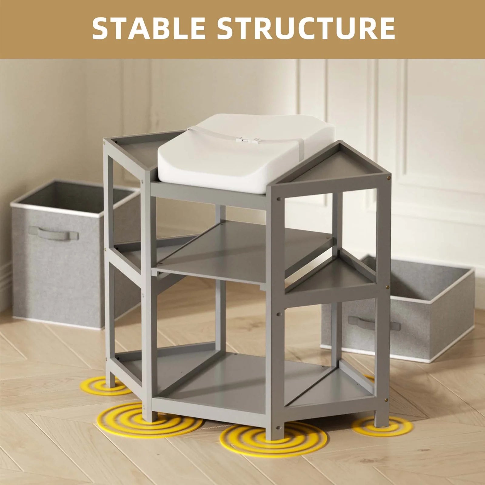 Children Changing Table with Pad, Corner Diaper Changing Table with Laundry Hamper, Storage Bin, Contoured Pad for Baby - Gray