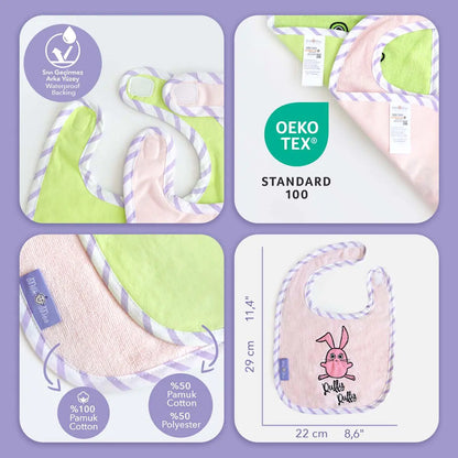 Milk&Moo Towel Bib Set – 2-Pack Baby Bibs with Embroidered Sprat Frog & Pink Chanchin – Waterproof Backing, 100% Cotton, 30x22cm