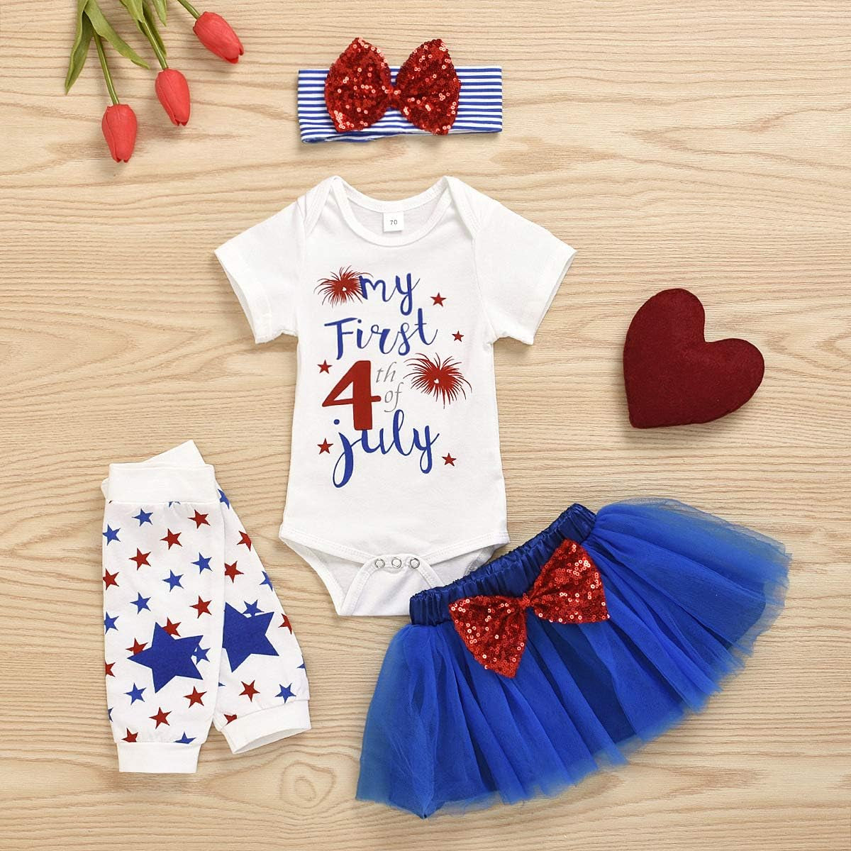 1St 4Th of July Baby Girls 3Pcs Outfits Set Stars Print Independence Day Romper Bodysuit Tutu Dress Headwear Shoes (0-3 Months, My First 4Th of July-4Pcs Tutu Set)