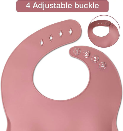Silicone Baby Feeding Set|Baby Weaning Supplies Set|Suction Baby Plate Bowl Set with Bib Spoon Fork Sippy Cup|Baby Feeding Eating Supplies Set BPA Free - Dark Pink