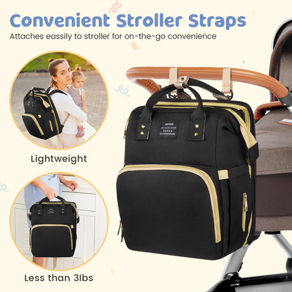 Diaper Bag Backpack, Multifunctional Baby Changing Bag with Foldable Crib &Insulated Milk Bottle Pockets, Large Capacity Portable Travel Backpack with USB Charging Port, Nappy Bag for Moms Dads,Black