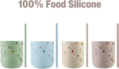4 Pack Kids & Toddler Glass Cups, Glass Mason Jar Cups 8.45 Oz with Silicone Sleeves & Straws, Toddler Spill-Proof Smoothie Cups