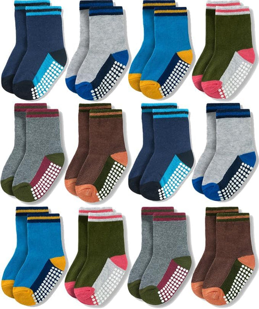 12 Pack Baby Toddler Socks Non Slip Grip Cotton Crew Socks for Boys Girls Infants Kids