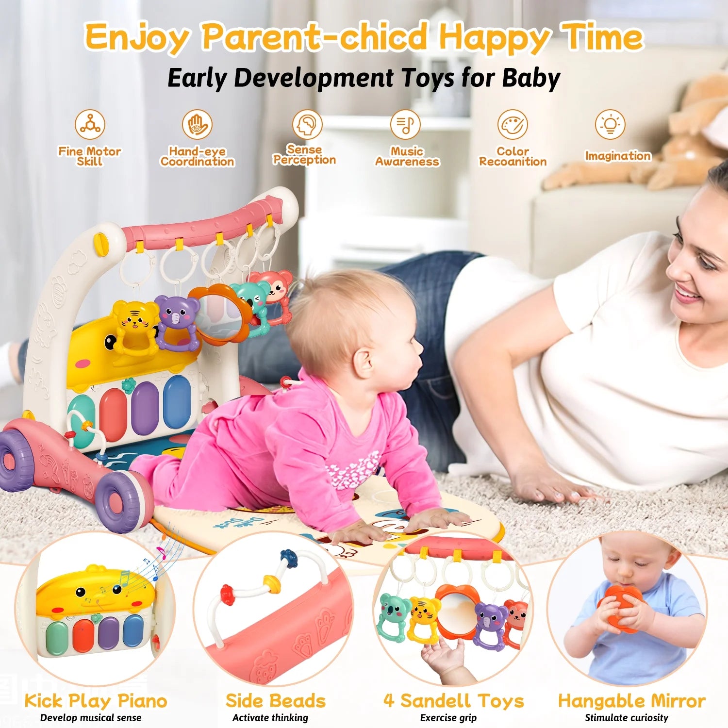 4 in 1 Baby Play Gym & Play Mats,Kick and Play Piano Gym, Baby Activity Walker for 0-24 Months Infant Newborn Toddler, Pink