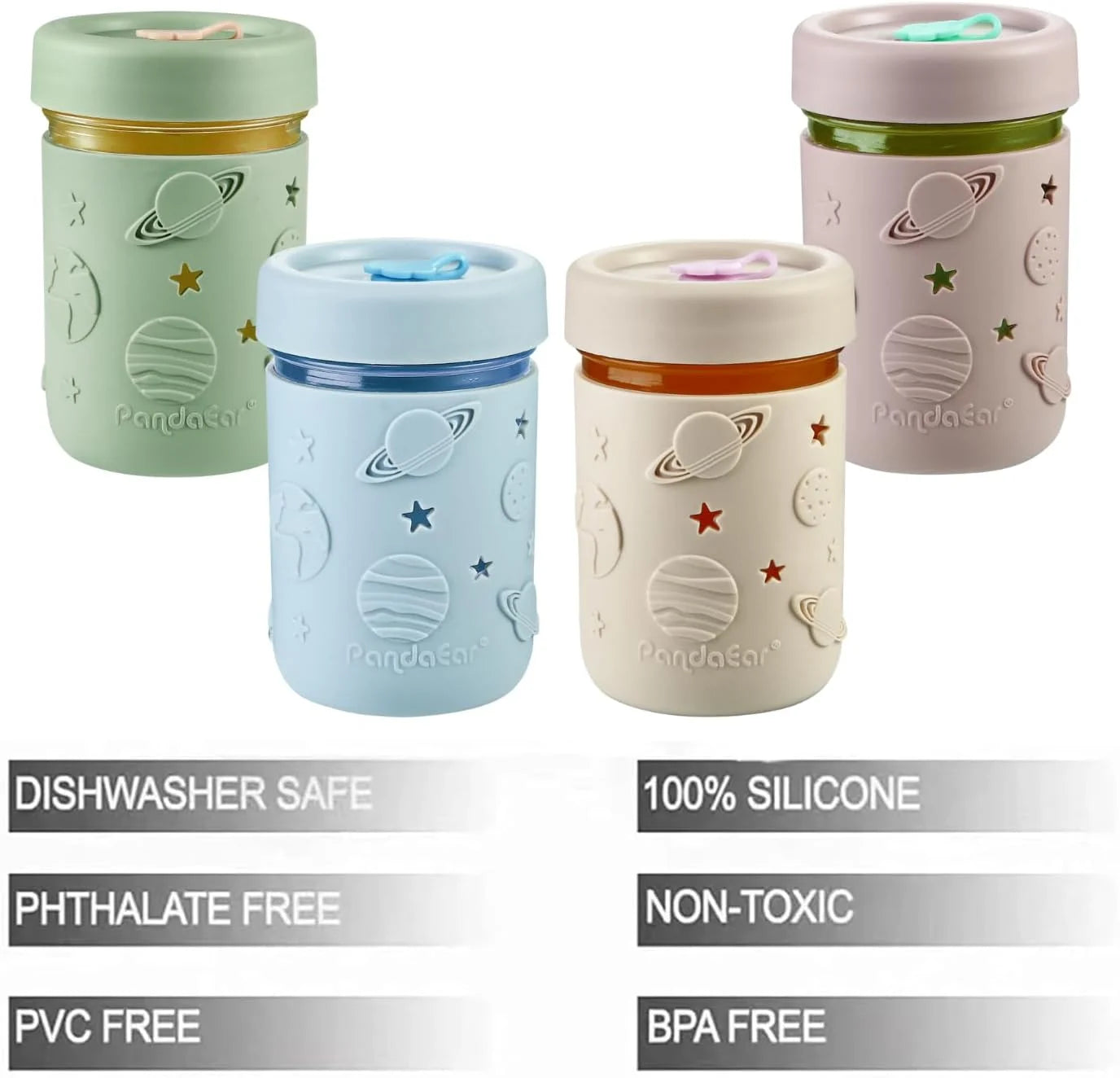 4 Pack Kids & Toddler Glass Cups, Glass Mason Jar Cups 8.45 Oz with Silicone Sleeves & Straws, Toddler Spill-Proof Smoothie Cups