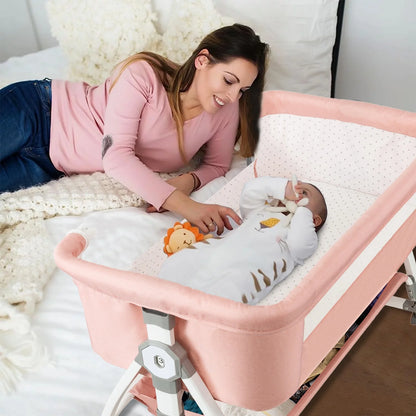 5-In-1 Folding Baby Bassinet,6-Height-Adjustable Crib with Lockable Wheels,Changing Table(Pink)