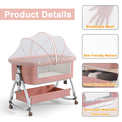 5-In-1 Folding Baby Bassinet,6-Height-Adjustable Crib with Lockable Wheels,Changing Table(Pink)