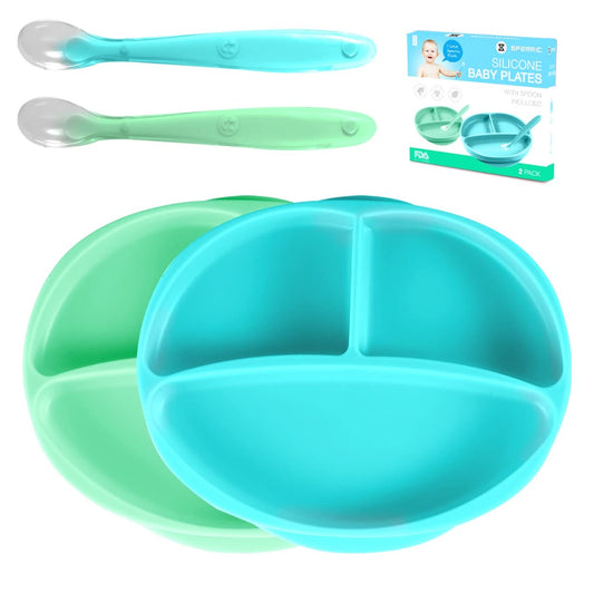 Silicone Suction Plate for Baby - 100% Food Grade Silicone Divided Plate | Toddler Self Feeding Training Suction Plate Set | Bpa-Free, Microwave & Dishwasher Safe Stay Put Plates (Blue & Light Green)