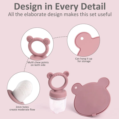 Silicone Baby Fruit Food Feeder Pacifier & Breastmilk Popsicle Freezer Molds, Baby Food Storage Containers Breast Milk Ice Cubes for Baby Teething & Infant Self Feeding, BPA Free (Pink)