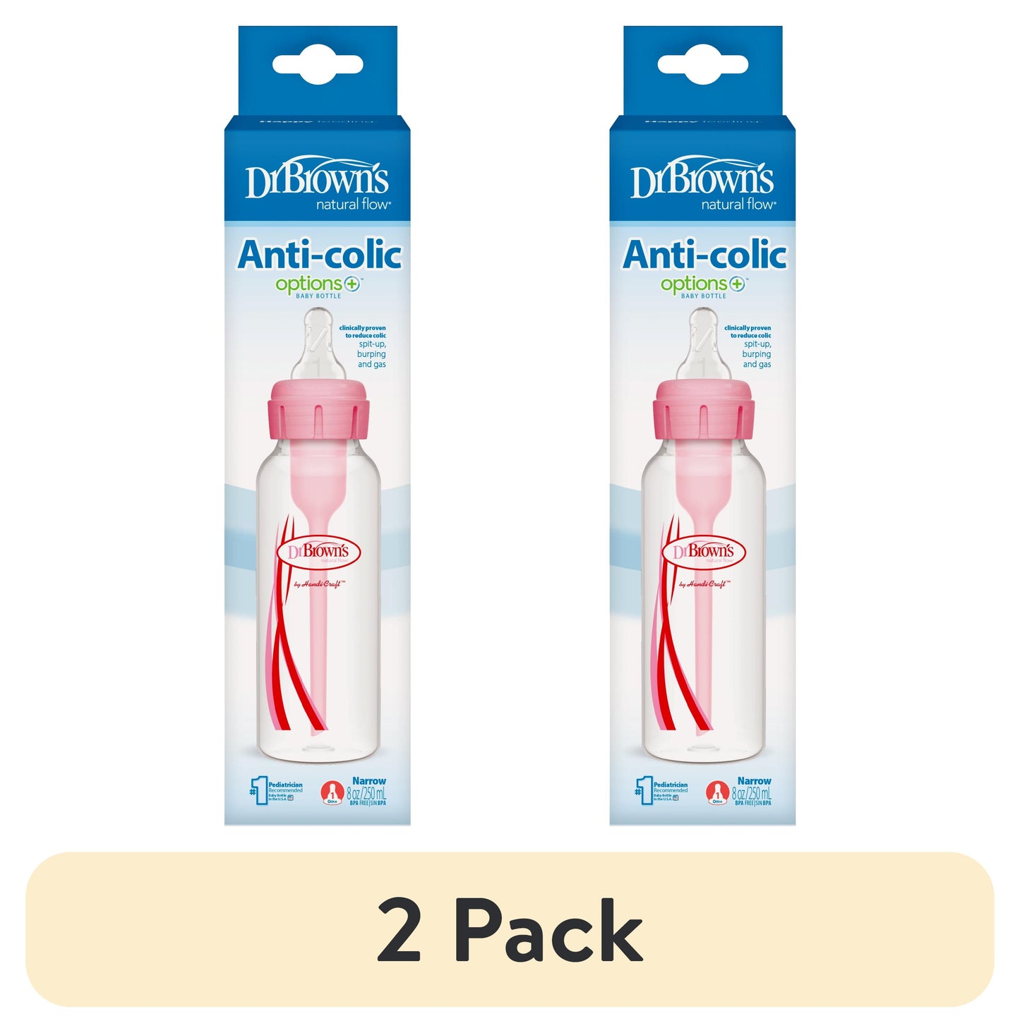 (2 Pack) Dr. Brown’S Natural Flow Anti-Colic Options+ Narrow Baby Bottle, Pink, 8Oz, Slow Flow, 0M+, 1 Pack
