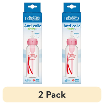 (2 Pack) Dr. Brown’S Natural Flow Anti-Colic Options+ Narrow Baby Bottle, Pink, 8Oz, Slow Flow, 0M+, 1 Pack