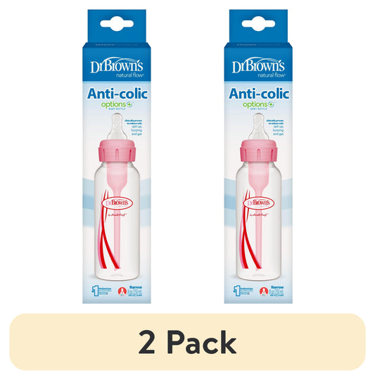 (2 Pack) Dr. Brown’S Natural Flow Anti-Colic Options+ Narrow Baby Bottle, Pink, 8Oz, Slow Flow, 0M+, 1 Pack
