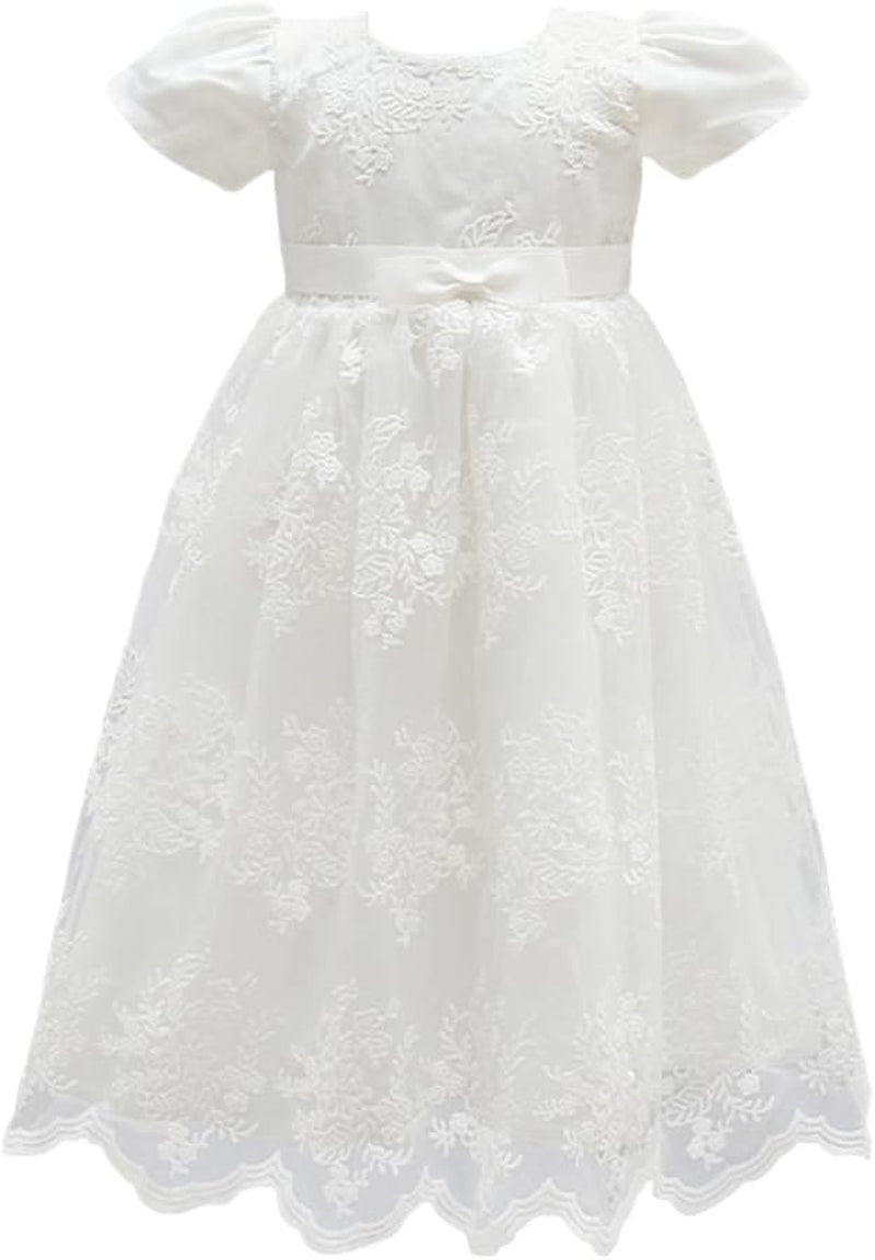 Baby Girls Christening Baptism Dress Newborn Floral Embroidered Lace Dresses for Toddler