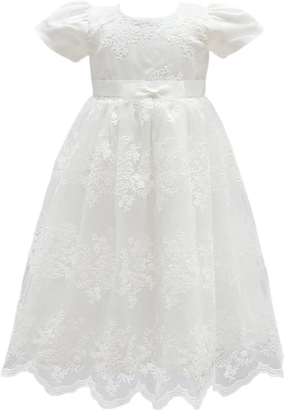 Baby Girls Christening Baptism Dress Newborn Floral Embroidered Lace Dresses for Toddler