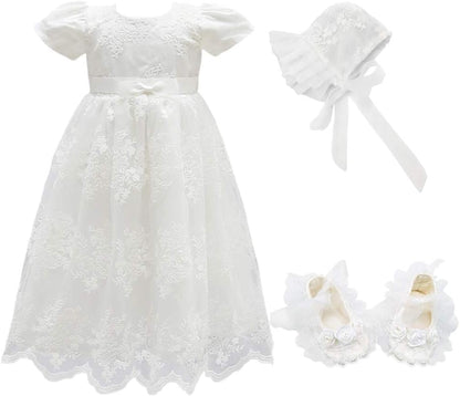 Baby Girls Christening Baptism Dress Newborn Floral Embroidered Lace Dresses for Toddler