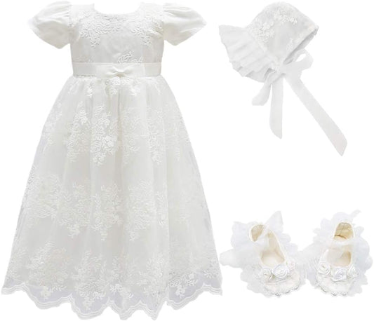 Baby Girls Christening Baptism Dress Newborn Floral Embroidered Lace Dresses for Toddler