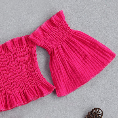 3Pcs Toddler Kids Baby Girl Summer Outfits off Shoulder Crop Top Ruffle Shorts Headband Clothes Set 1-6Y (Rose Red, 5-6T)