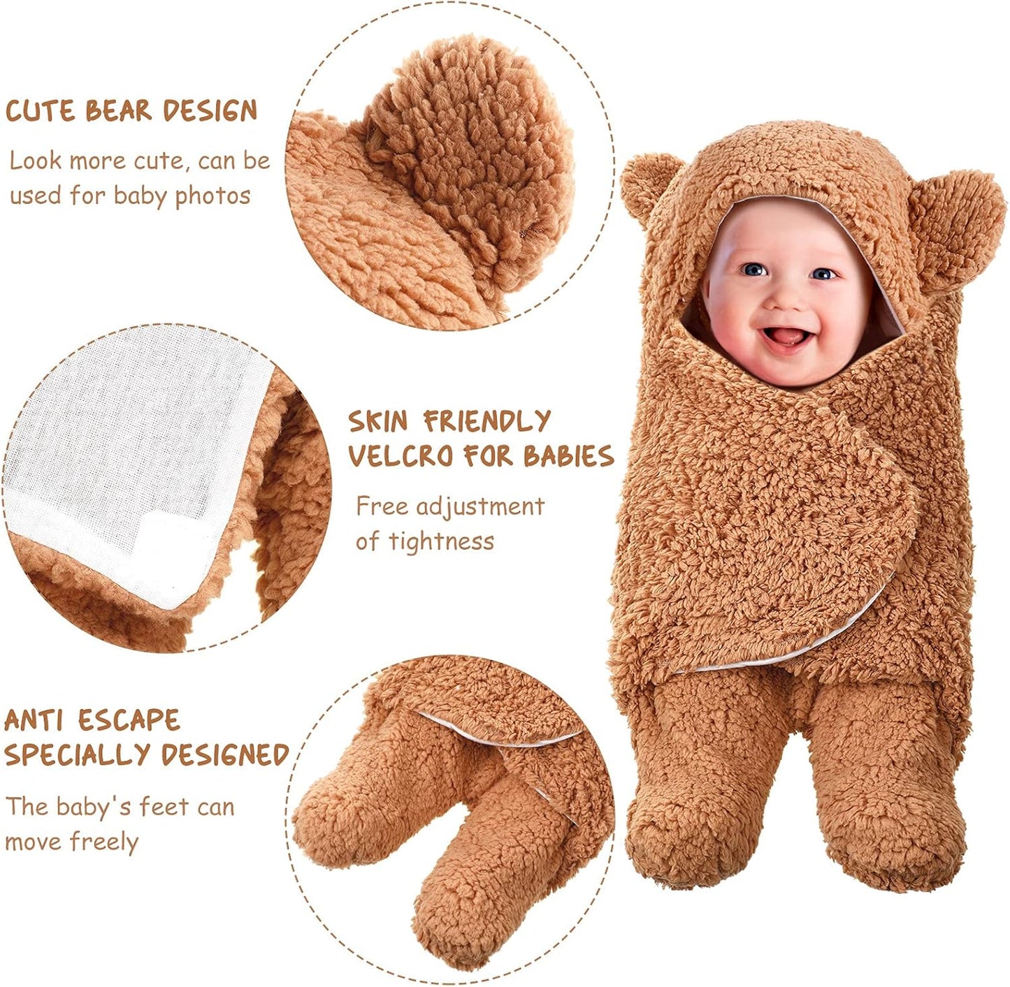 2 Set Newborn Plush Swaddle Blankets Cute Swaddle Hooded Swaddle Blanket Baby Boys Girls Receiving Hooded Sleeping Bag Infant Sleep Swaddling (White, Brown)