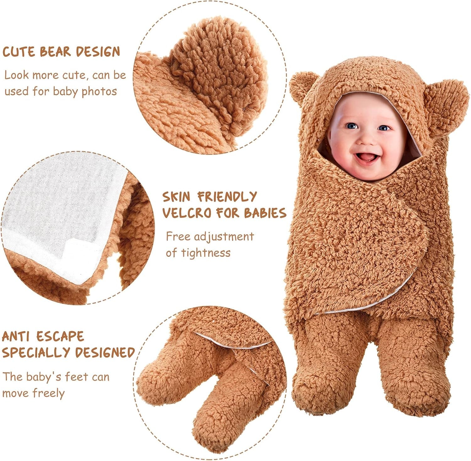 2 Set Newborn Plush Swaddle Blankets Cute Swaddle Hooded Swaddle Blanket Baby Boys Girls Receiving Hooded Sleeping Bag Infant Sleep Swaddling (White, Brown)