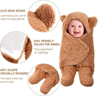2 Set Newborn Plush Swaddle Blankets Cute Swaddle Hooded Swaddle Blanket Baby Boys Girls Receiving Hooded Sleeping Bag Infant Sleep Swaddling (White, Brown)