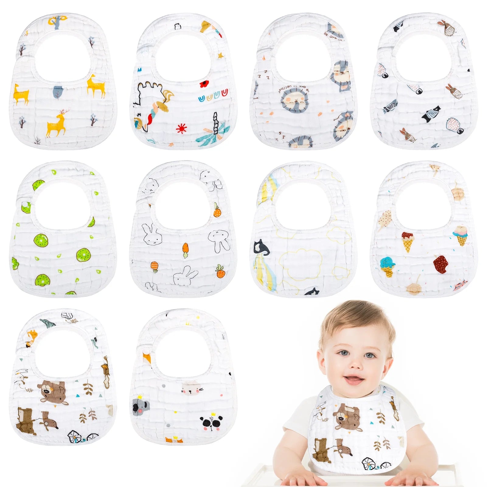 Baby Boy Muslin Cotton Cloth Drool Baby Bibs with Adjustable Snap, 10 Pieces