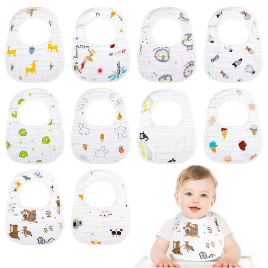 Baby Boy Muslin Cotton Cloth Drool Baby Bibs with Adjustable Snap, 10 Pieces