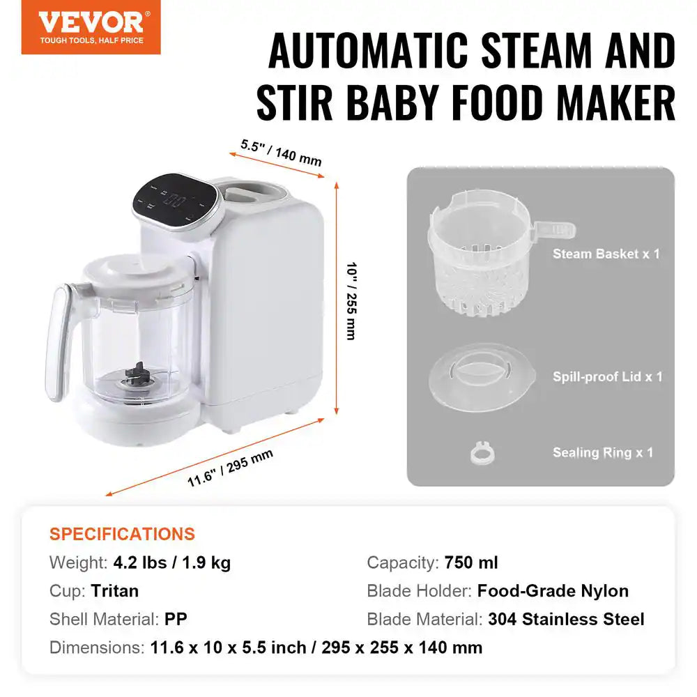 25.36 Oz. 50 Speed White Baby Food Puree Blender Baby Food Maker 430-Watt 750 Ml Tritan Bowl SUS304 Stainless Steel