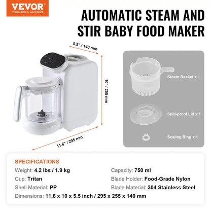 25.36 Oz. 50 Speed White Baby Food Puree Blender Baby Food Maker 430-Watt 750 Ml Tritan Bowl SUS304 Stainless Steel