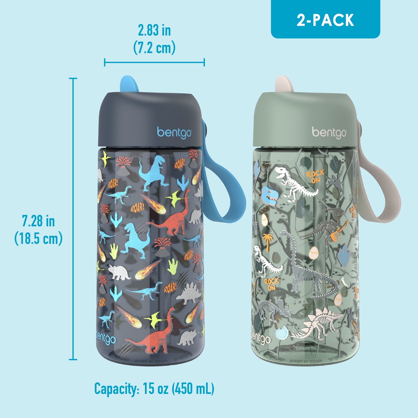 ® Kids Water Bottle 2-Pack - New, Improved 2023 Leak-Proof Bpa-Free 15 Oz Cups for Toddlers & Children - Flip-Up Safe-Sip Straw for School, Sports, Daycare, Camp (Dinosaur/Dino Fossils)