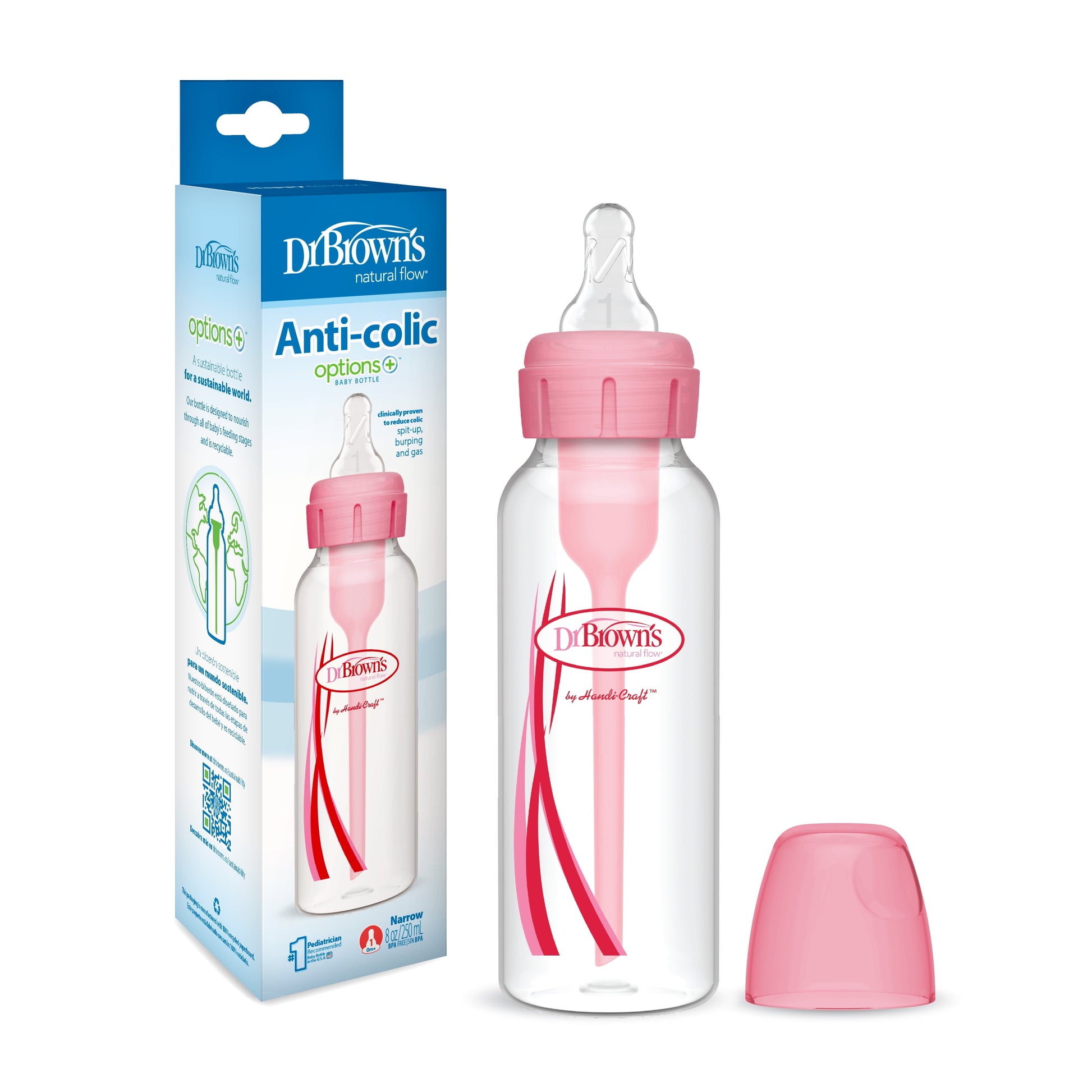 (2 Pack) Dr. Brown’S Natural Flow Anti-Colic Options+ Narrow Baby Bottle, Pink, 8Oz, Slow Flow, 0M+, 1 Pack