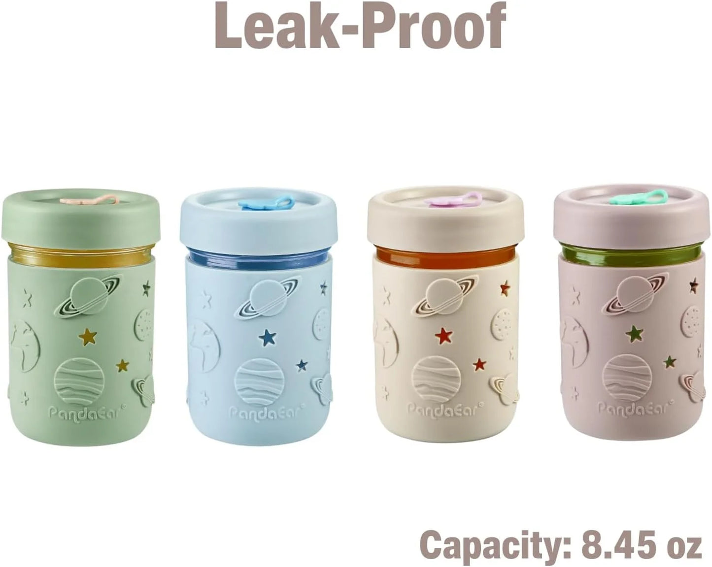 4 Pack Kids & Toddler Glass Cups, Glass Mason Jar Cups 8.45 Oz with Silicone Sleeves & Straws, Toddler Spill-Proof Smoothie Cups