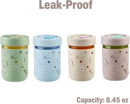 4 Pack Kids & Toddler Glass Cups, Glass Mason Jar Cups 8.45 Oz with Silicone Sleeves & Straws, Toddler Spill-Proof Smoothie Cups