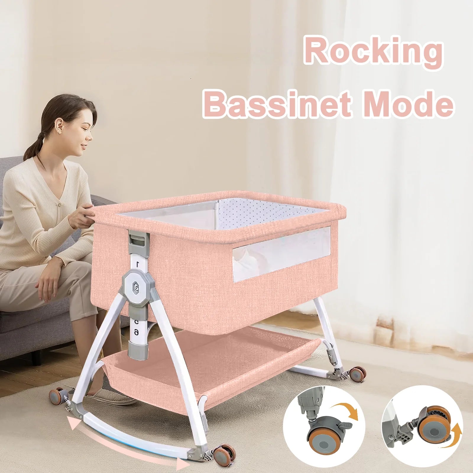 5-In-1 Folding Baby Bassinet,6-Height-Adjustable Crib with Lockable Wheels,Changing Table(Pink)