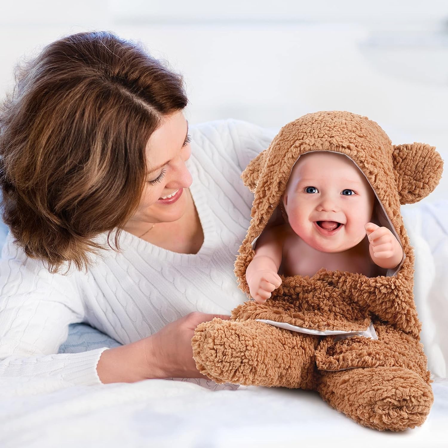 2 Set Newborn Plush Swaddle Blankets Cute Swaddle Hooded Swaddle Blanket Baby Boys Girls Receiving Hooded Sleeping Bag Infant Sleep Swaddling (White, Brown)