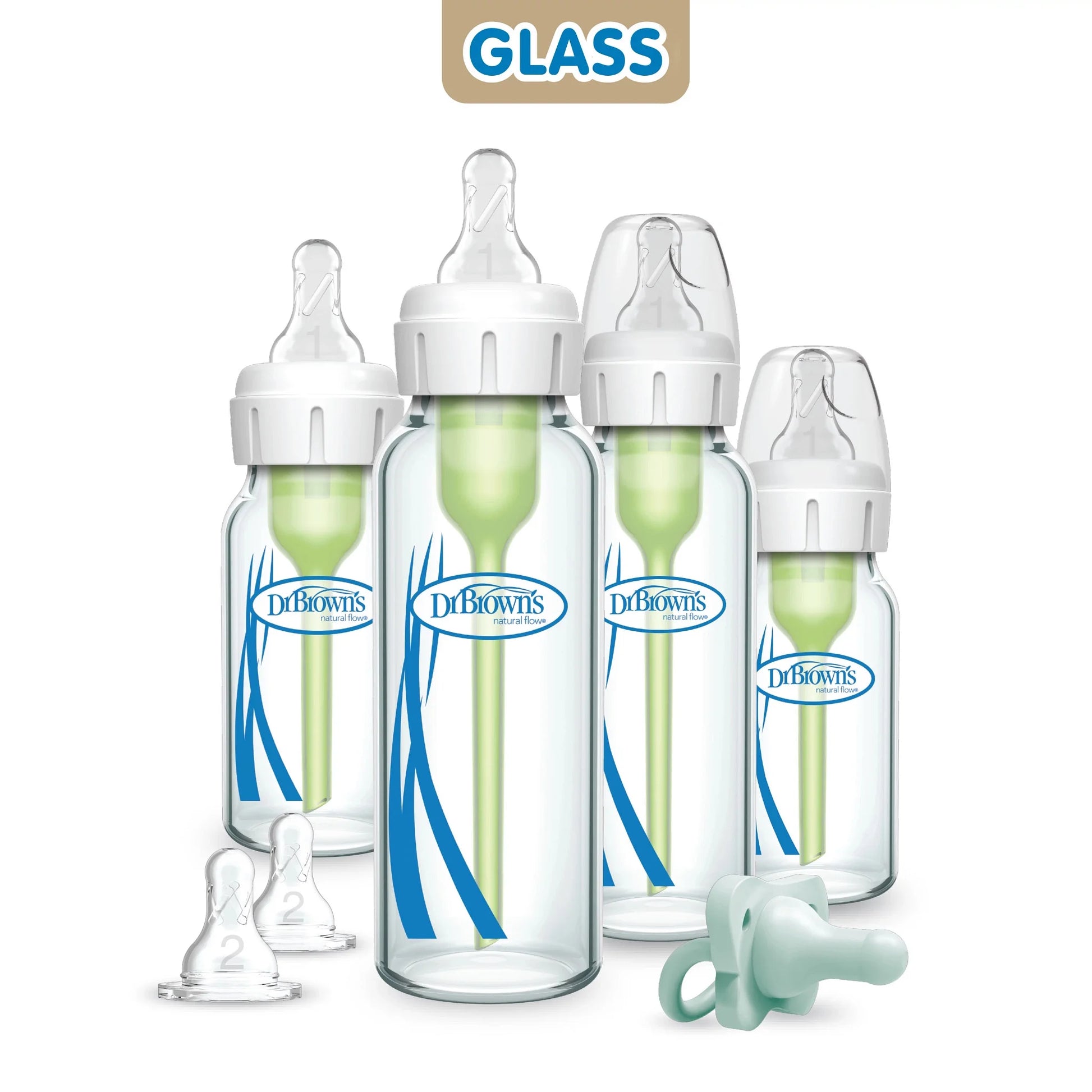 Anti-Colic Options+ Narrow Glass Bottle Starter Set, 4Oz / 8Oz Bottles, Levels 1, 2 Nipples, and Happypaci Pacifier