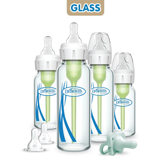 Anti-Colic Options+ Narrow Glass Bottle Starter Set, 4Oz / 8Oz Bottles, Levels 1, 2 Nipples, and Happypaci Pacifier