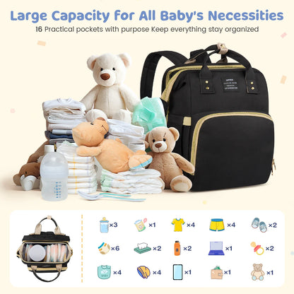 Diaper Bag Backpack, Multifunctional Baby Changing Bag with Foldable Crib &Insulated Milk Bottle Pockets, Large Capacity Portable Travel Backpack with USB Charging Port, Nappy Bag for Moms Dads,Black