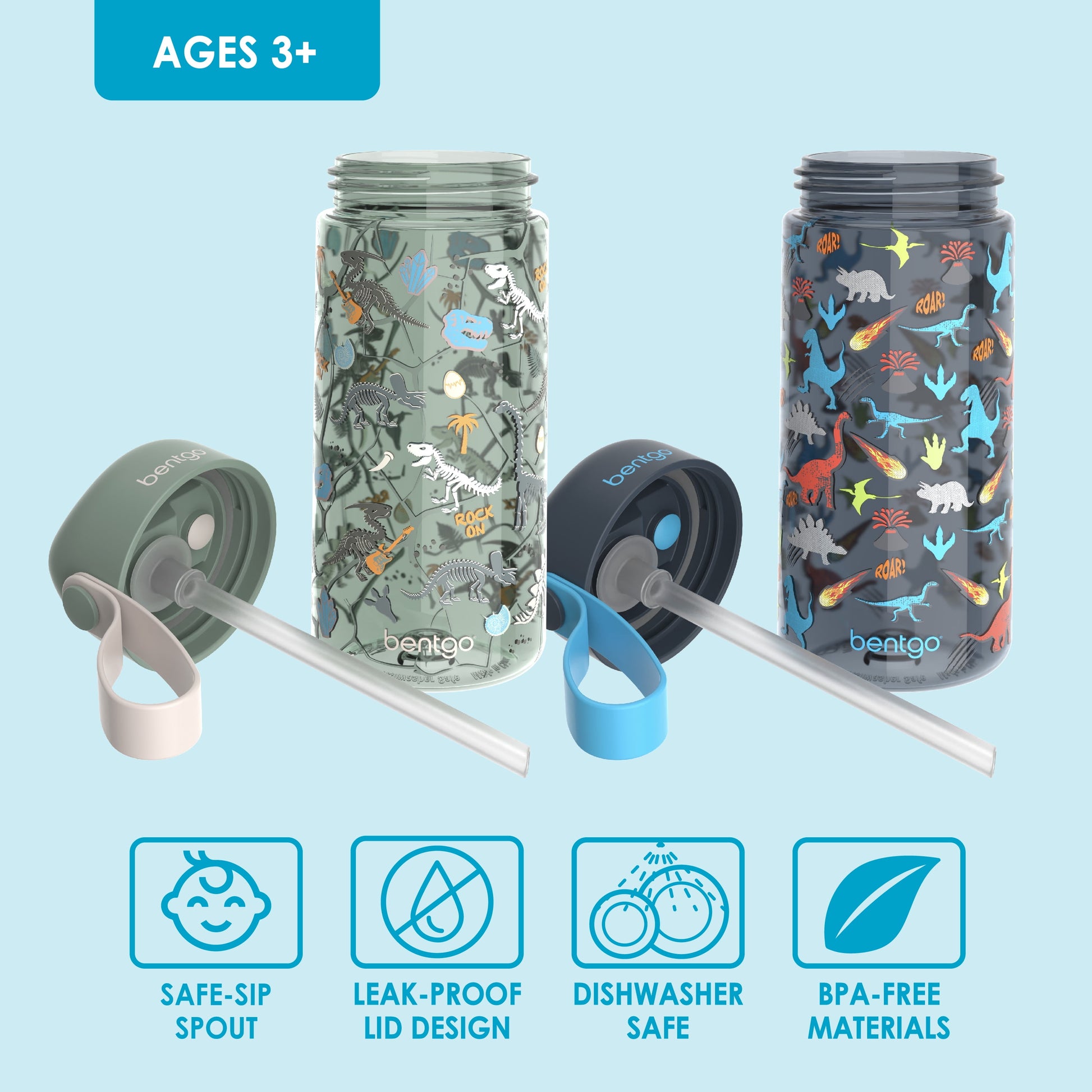 ® Kids Water Bottle 2-Pack - New, Improved 2023 Leak-Proof Bpa-Free 15 Oz Cups for Toddlers & Children - Flip-Up Safe-Sip Straw for School, Sports, Daycare, Camp (Dinosaur/Dino Fossils)