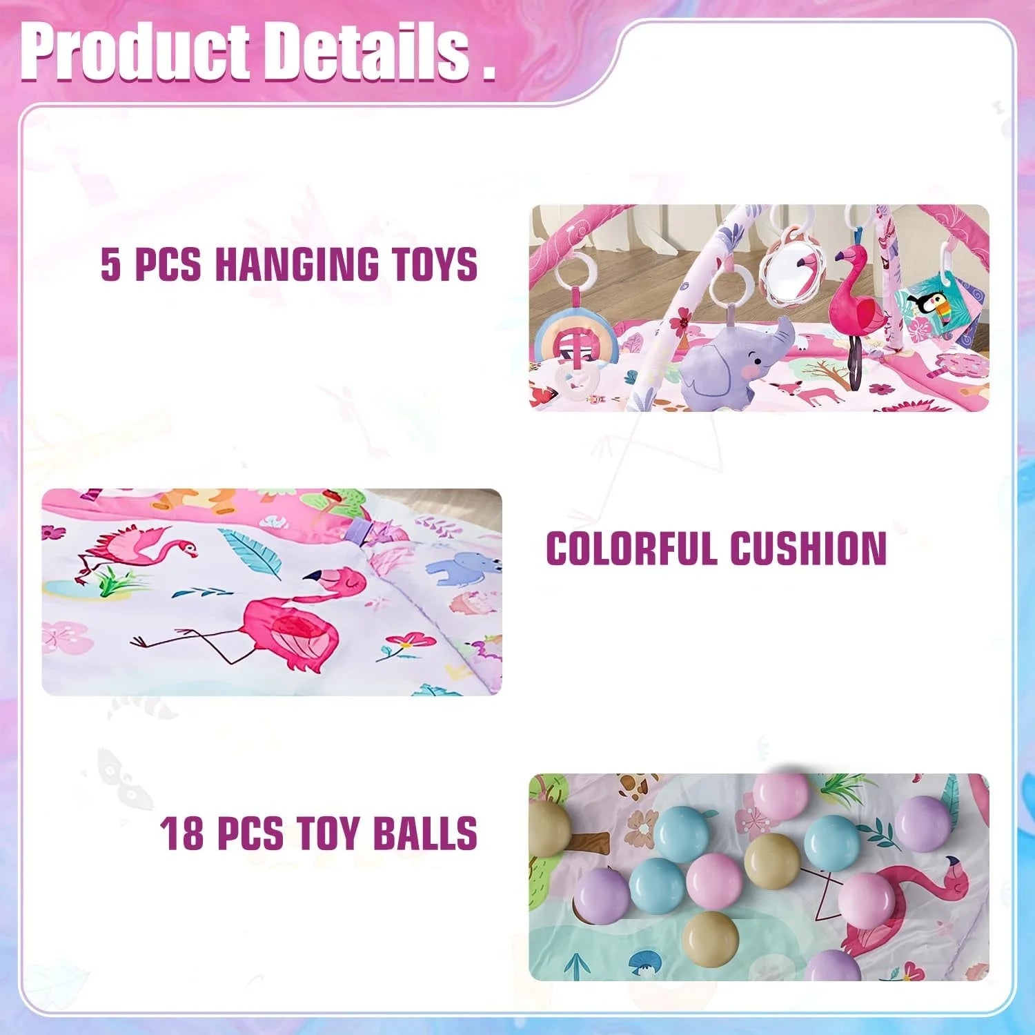 Baby Play Gym and Activity Mat - 4-In-1 Tummy Time Gym with Sensory Toys for Infants & Toddlers, Pink