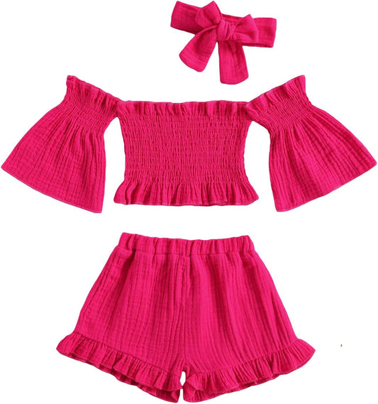 3Pcs Toddler Kids Baby Girl Summer Outfits off Shoulder Crop Top Ruffle Shorts Headband Clothes Set 1-6Y (Rose Red, 5-6T)